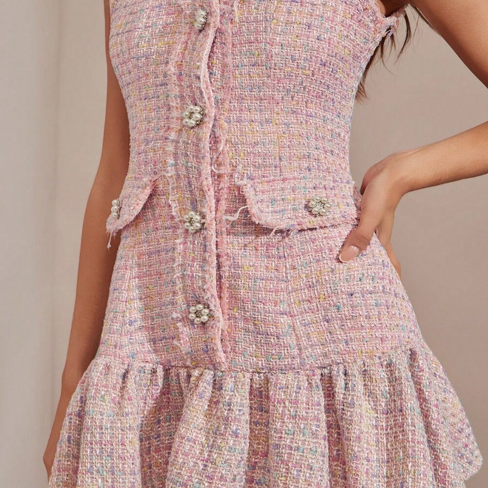 Pink Elegant Women's Floral Tweed Mini Dress - Picture 3 of 7